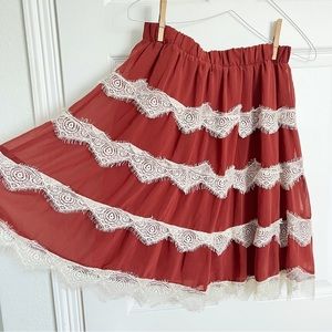 Downeast Basics | Sheer Burnt Red/Creme Lined Lacy Boho Detailed Skirt